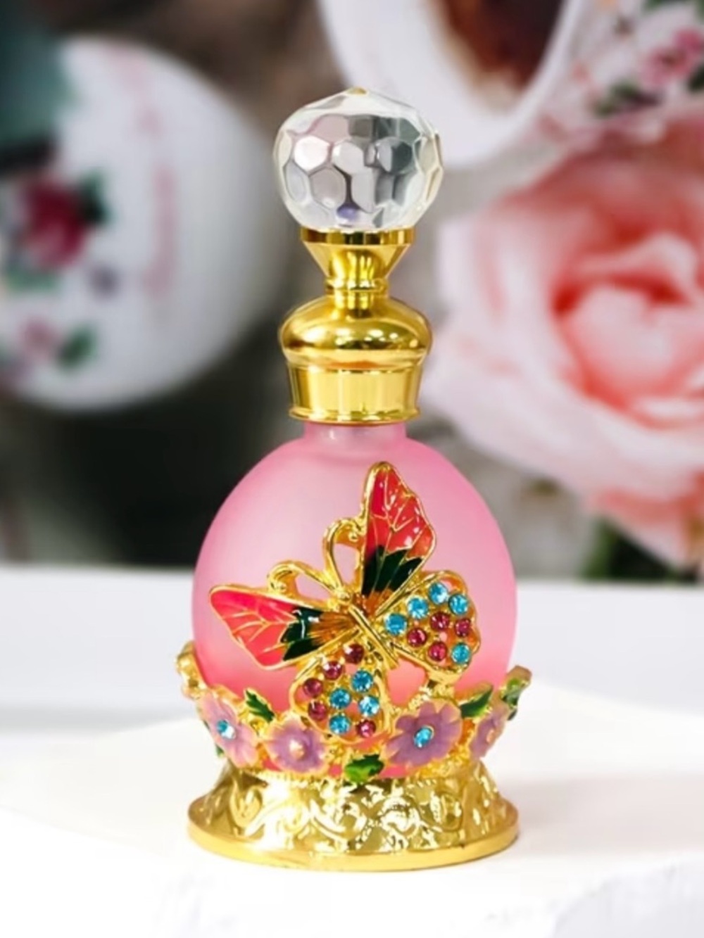 NIB Pink Butterfly Jeweled Miniature Glass Perfume Bottle - Multicolor
